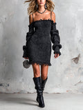 Chic Elegant Black Melange Off-The-Shoulder Shoulder-Straps Long-Sleeve Raw Edge Detail Wool Blend Ribbed Knit Mini Dress