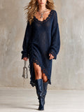 Chic Elegant Navy Blue U-Neck Long-Sleeve Lace Trim Detail Ruched Drawstring Asymmetrical Hem Mohair Blend Knit Midi Dress