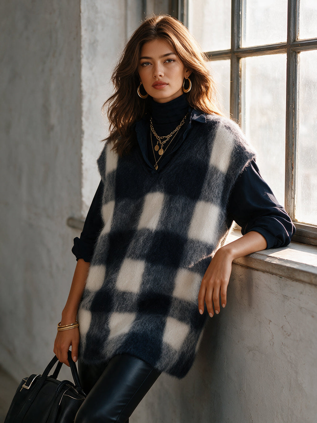 Chic Elegant Dark Blue-White Plaid Jacquard V-Neck Loose-Fit Soft Mohair Blend Knit Vest