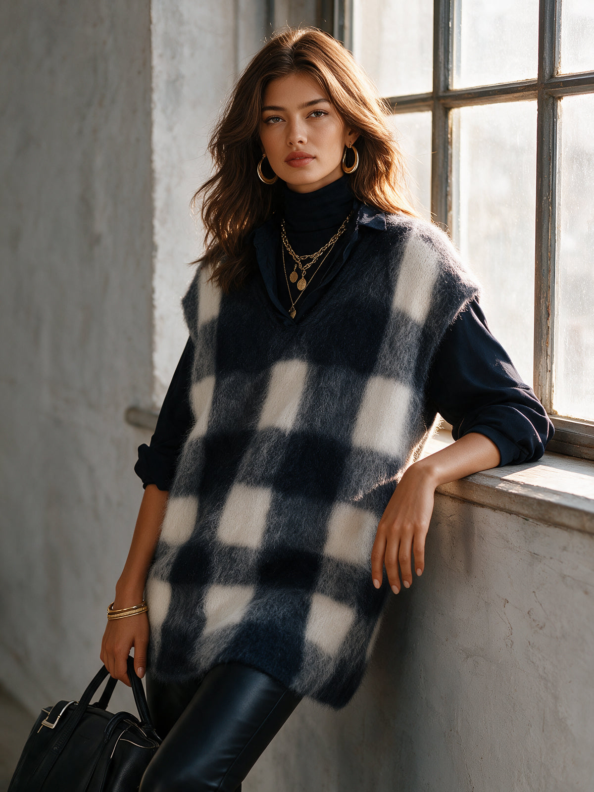 Chic Elegant Dark Blue-White Plaid Jacquard V-Neck Loose-Fit Soft Mohair Blend Knit Vest