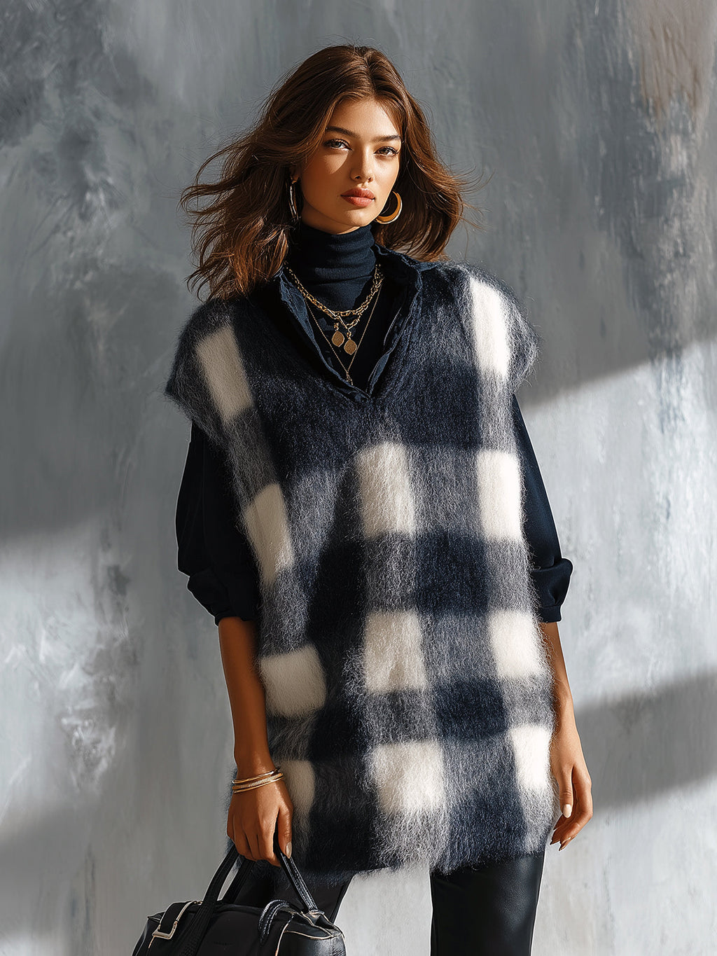 Chic Elegant Dark Blue-White Plaid Jacquard V-Neck Loose-Fit Soft Mohair Blend Knit Vest