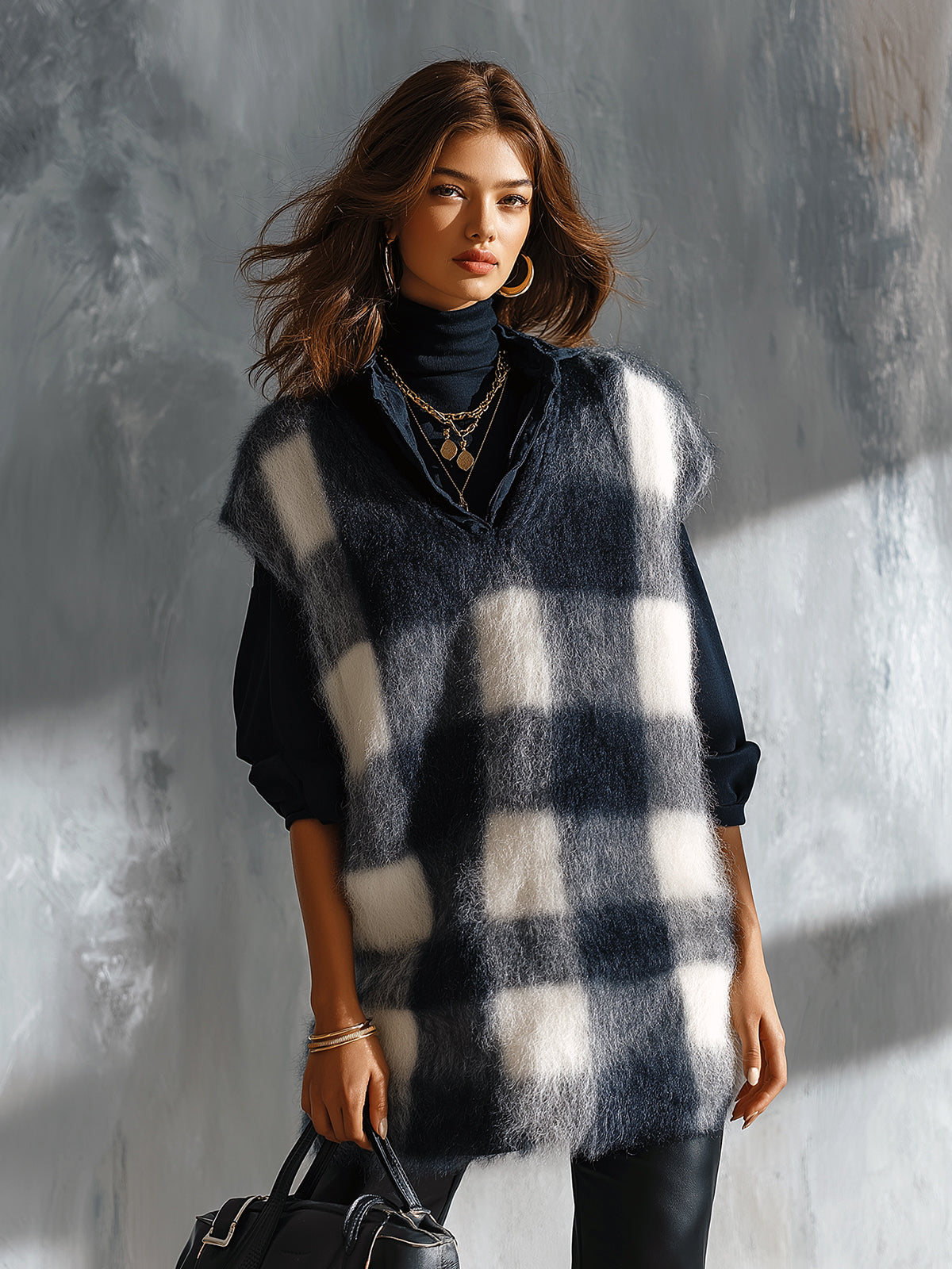 Chic Elegant Dark Blue-White Plaid Jacquard V-Neck Loose-Fit Soft Mohair Blend Knit Vest