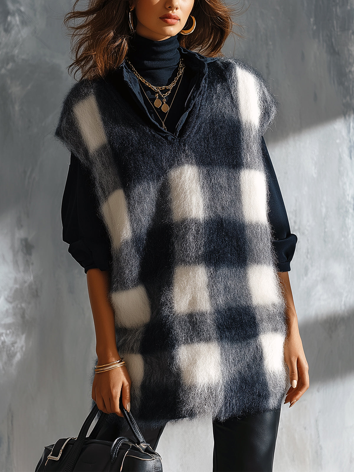 Chic Elegant Dark Blue-White Plaid Jacquard V-Neck Loose-Fit Soft Mohair Blend Knit Vest