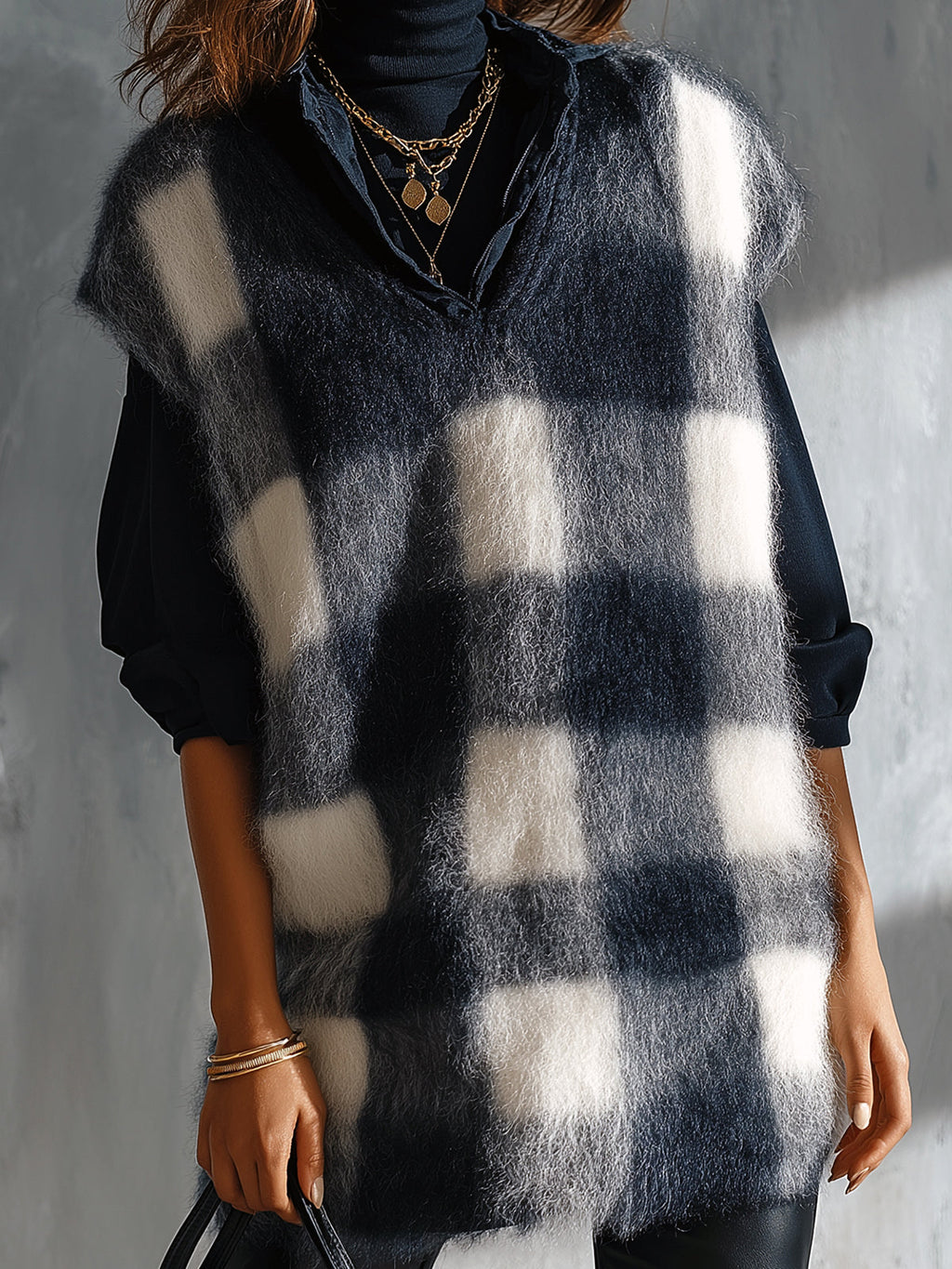 Chic Elegant Dark Blue-White Plaid Jacquard V-Neck Loose-Fit Soft Mohair Blend Knit Vest