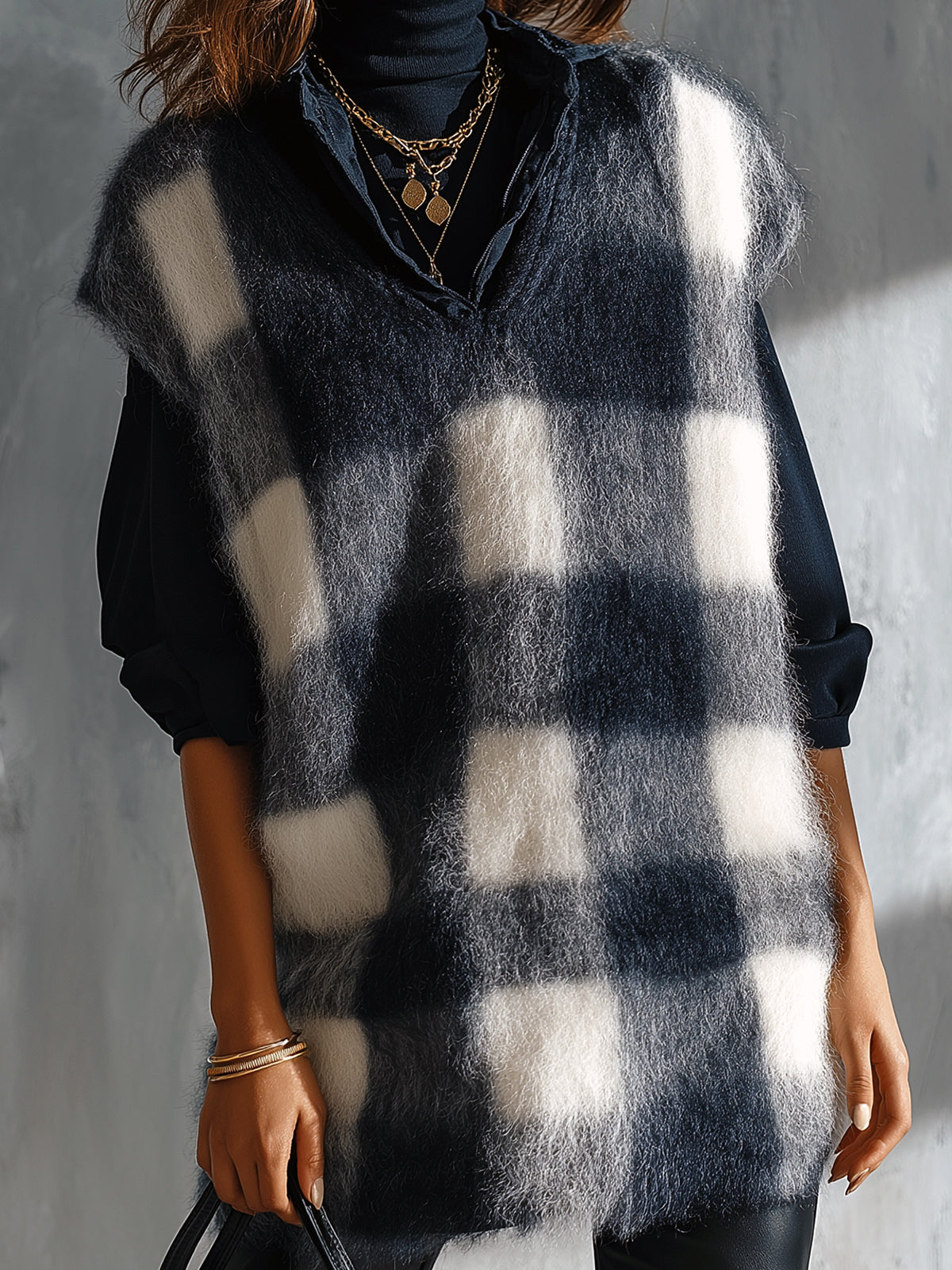 Chic Elegant Dark Blue-White Plaid Jacquard V-Neck Loose-Fit Soft Mohair Blend Knit Vest