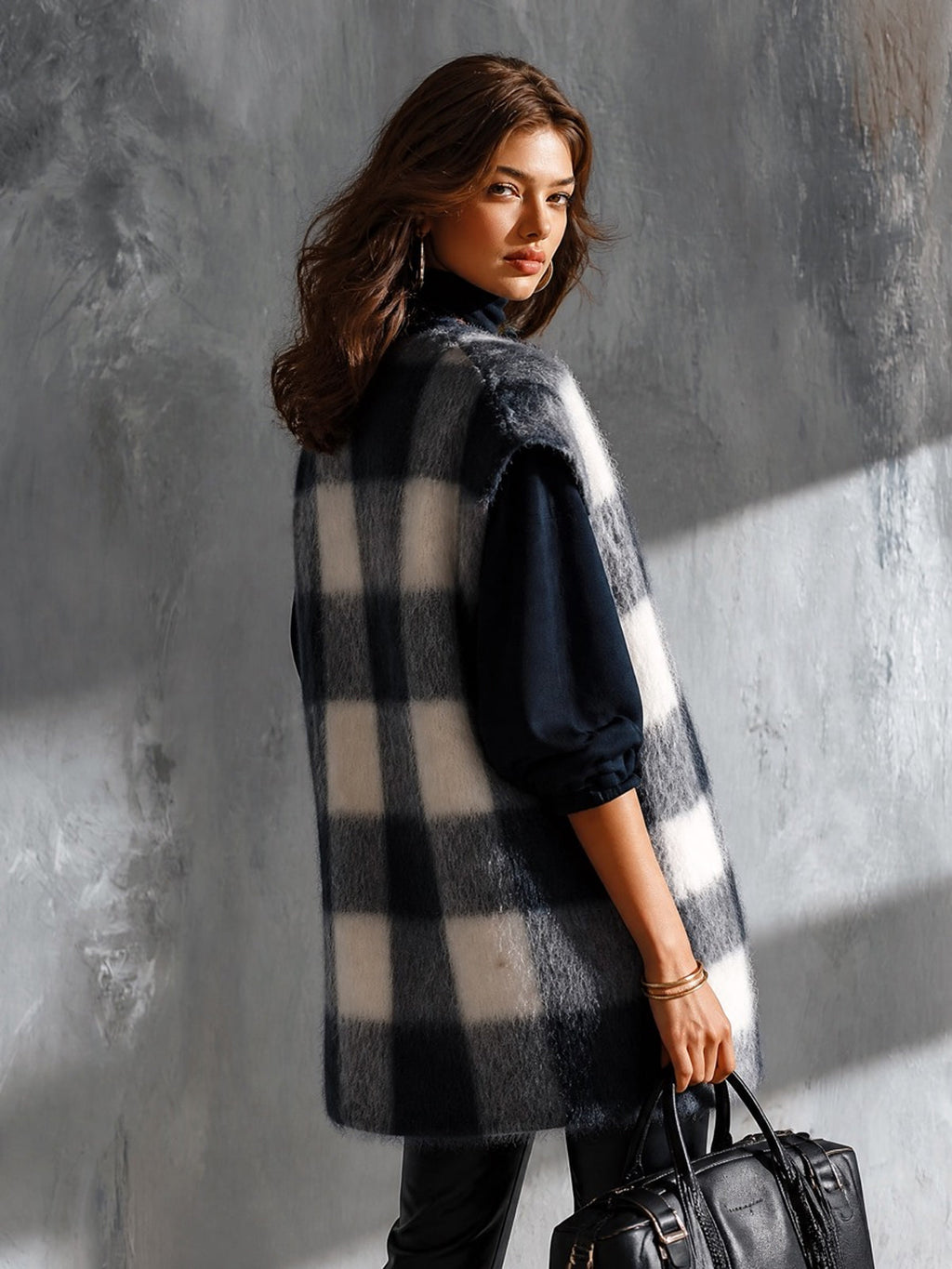 Chic Elegant Dark Blue-White Plaid Jacquard V-Neck Loose-Fit Soft Mohair Blend Knit Vest