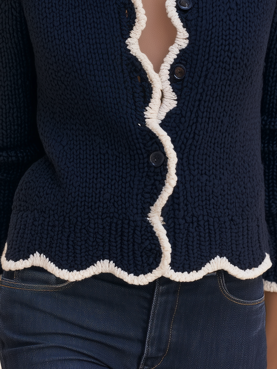 Resort-style Round Neck Long-sleeved Color-blocked Knitted Cardigan