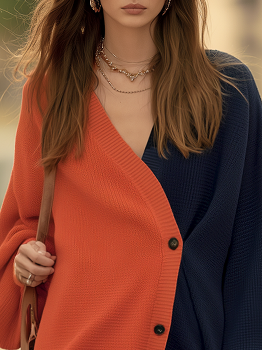 Resort-style V-neck Asymmetrical Placket Long-sleeved Two-tone Mini Dress