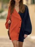 Resort-style V-neck Asymmetrical Placket Long-sleeved Two-tone Mini Dress