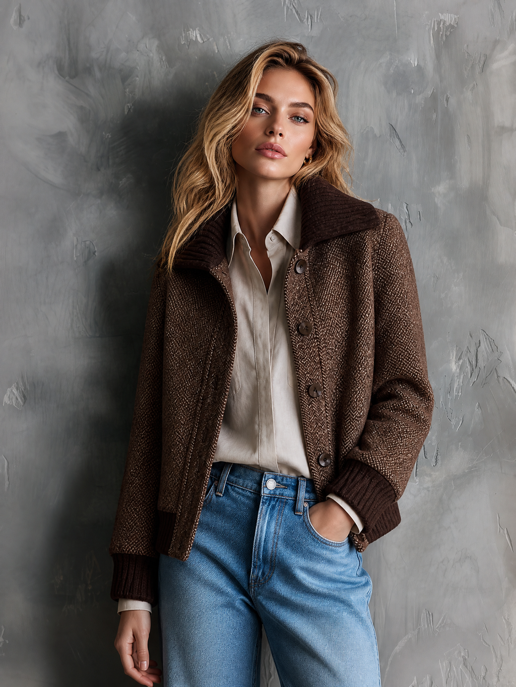 Chic Casual Brown Lapel-Collar Single-Breasted Long-Sleeve Loose-Fit Wool Blend Cropped Jacket