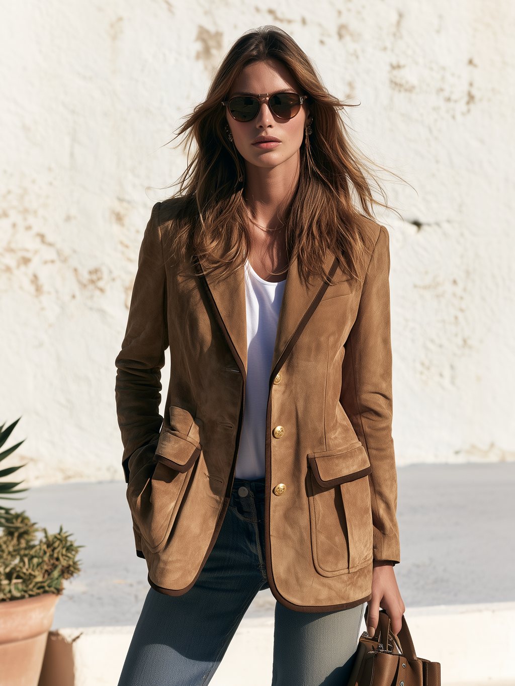 Retro-style Color-blocked Trim Multi-pocket Faux Suede Blazer