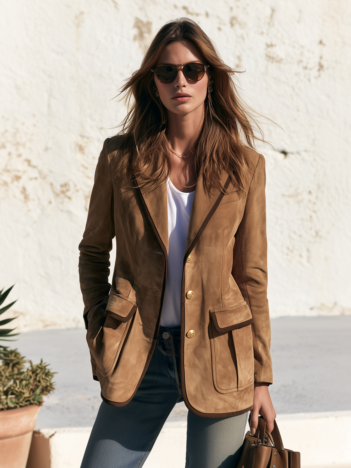 Retro-style Color-blocked Trim Multi-pocket Faux Suede Blazer
