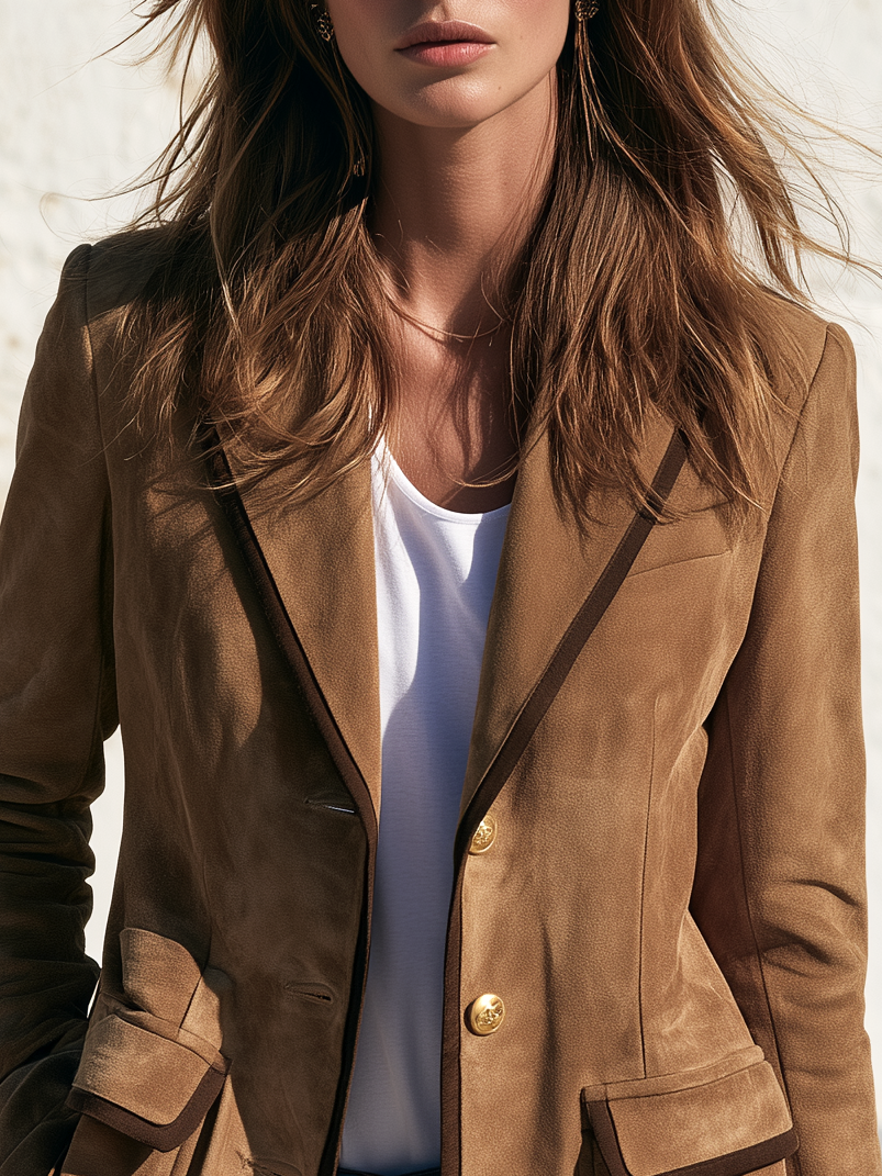 Retro-style Color-blocked Trim Multi-pocket Faux Suede Blazer