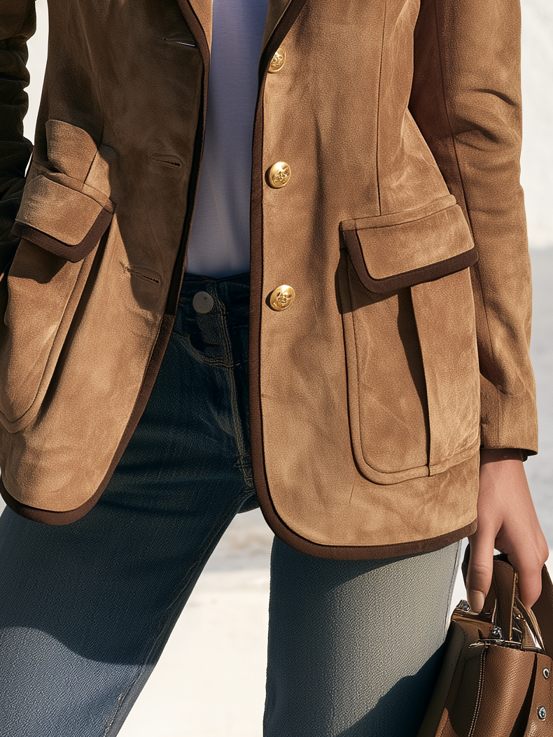 Retro-style Color-blocked Trim Multi-pocket Faux Suede Blazer