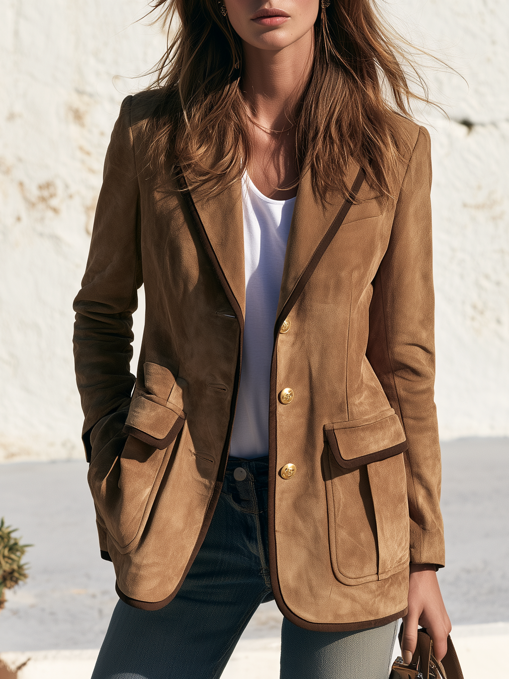 Retro-style Color-blocked Trim Multi-pocket Faux Suede Blazer