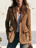 Retro-style Color-blocked Trim Multi-pocket Faux Suede Blazer