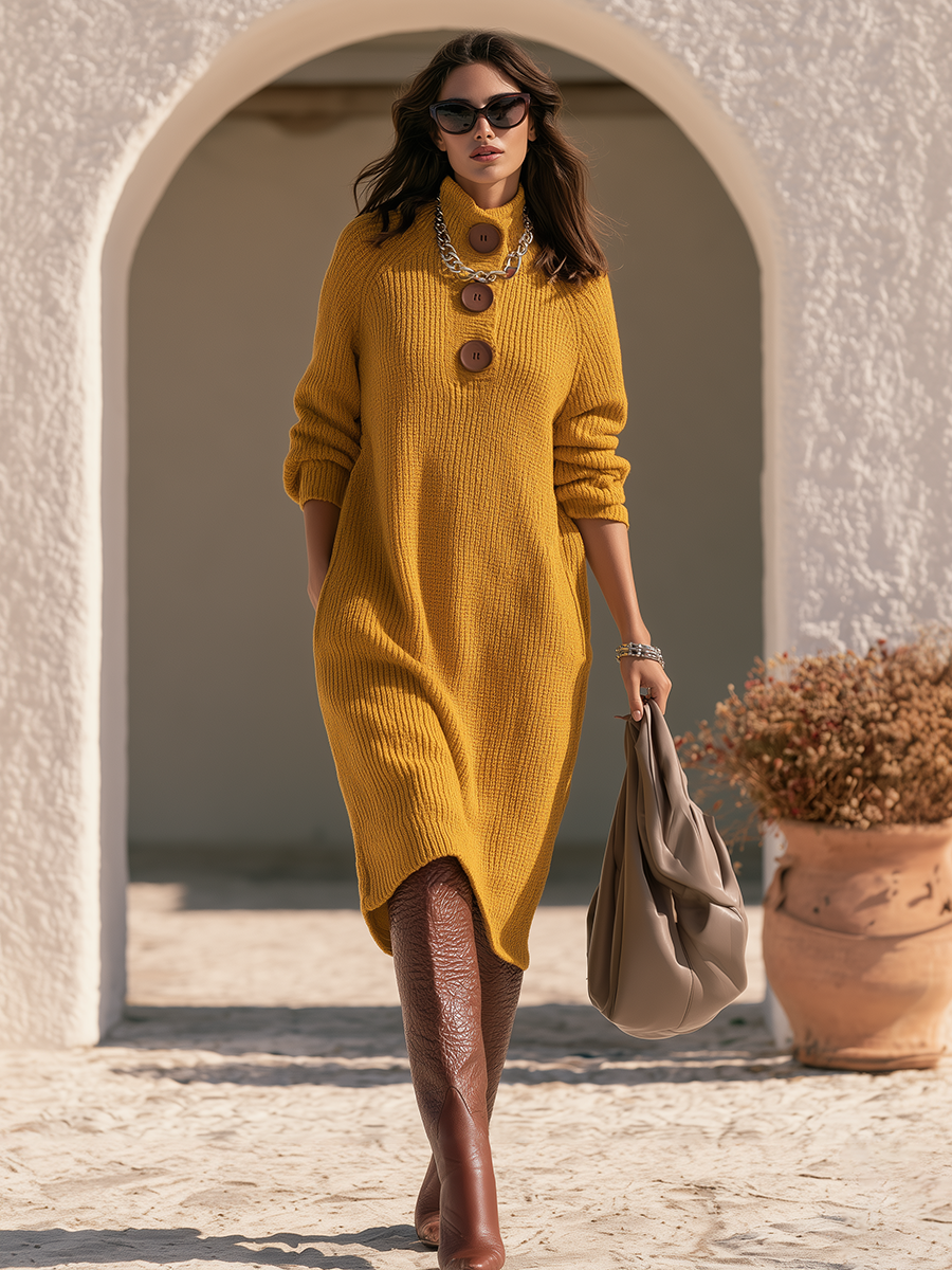 Retro-chic Large Buttons Yellow Knit Midi Dress