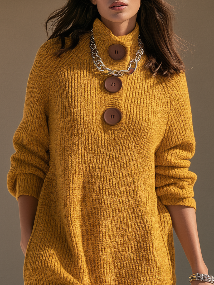 Retro-chic Large Buttons Yellow Knit Midi Dress