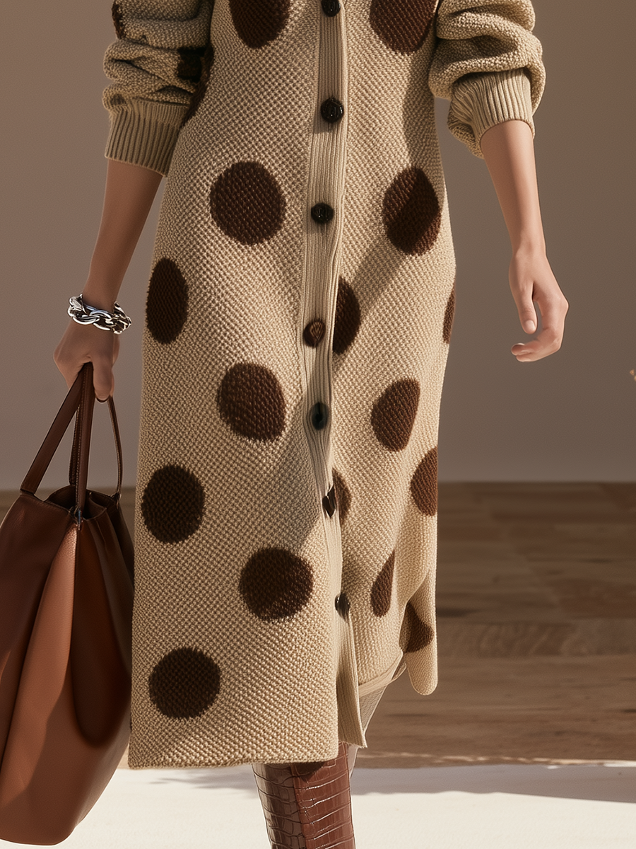 Retro-chic Collared Polka-dot Knit Midi Dress