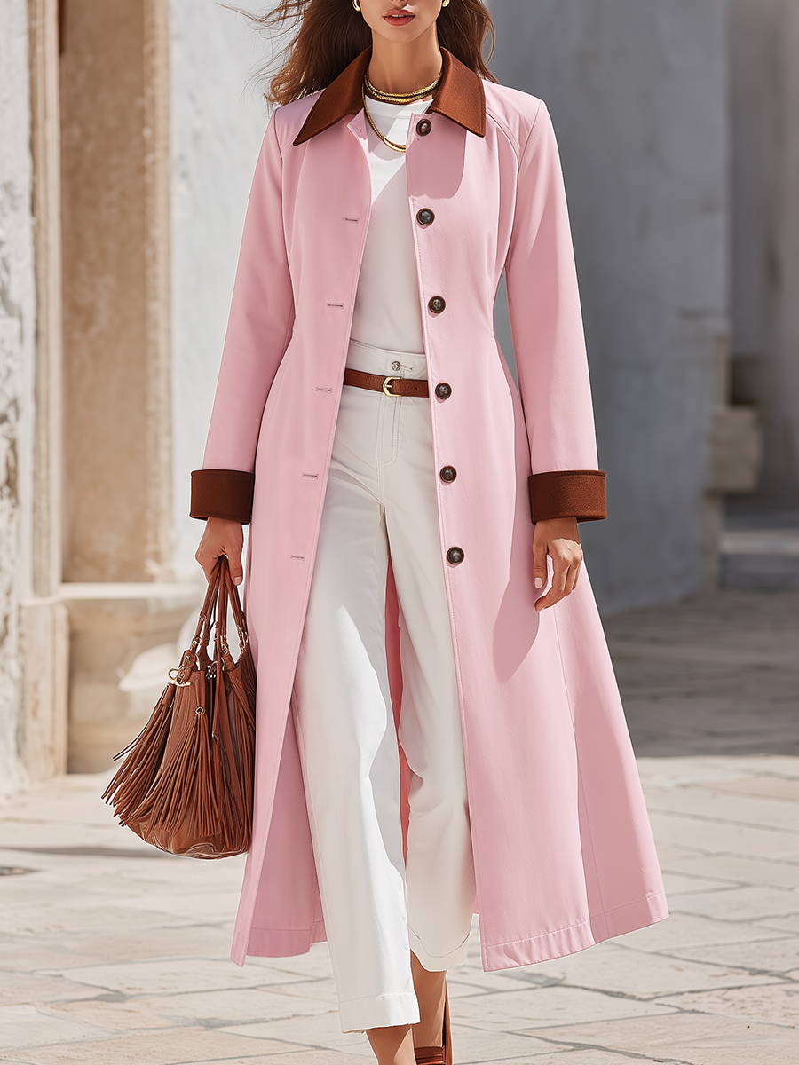 Blush Pink Contrast-Collar Single-Breasted Longline Belted Long Trench Coat