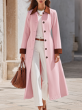 Blush Pink Contrast-Collar Single-Breasted Longline Belted Long Trench Coat