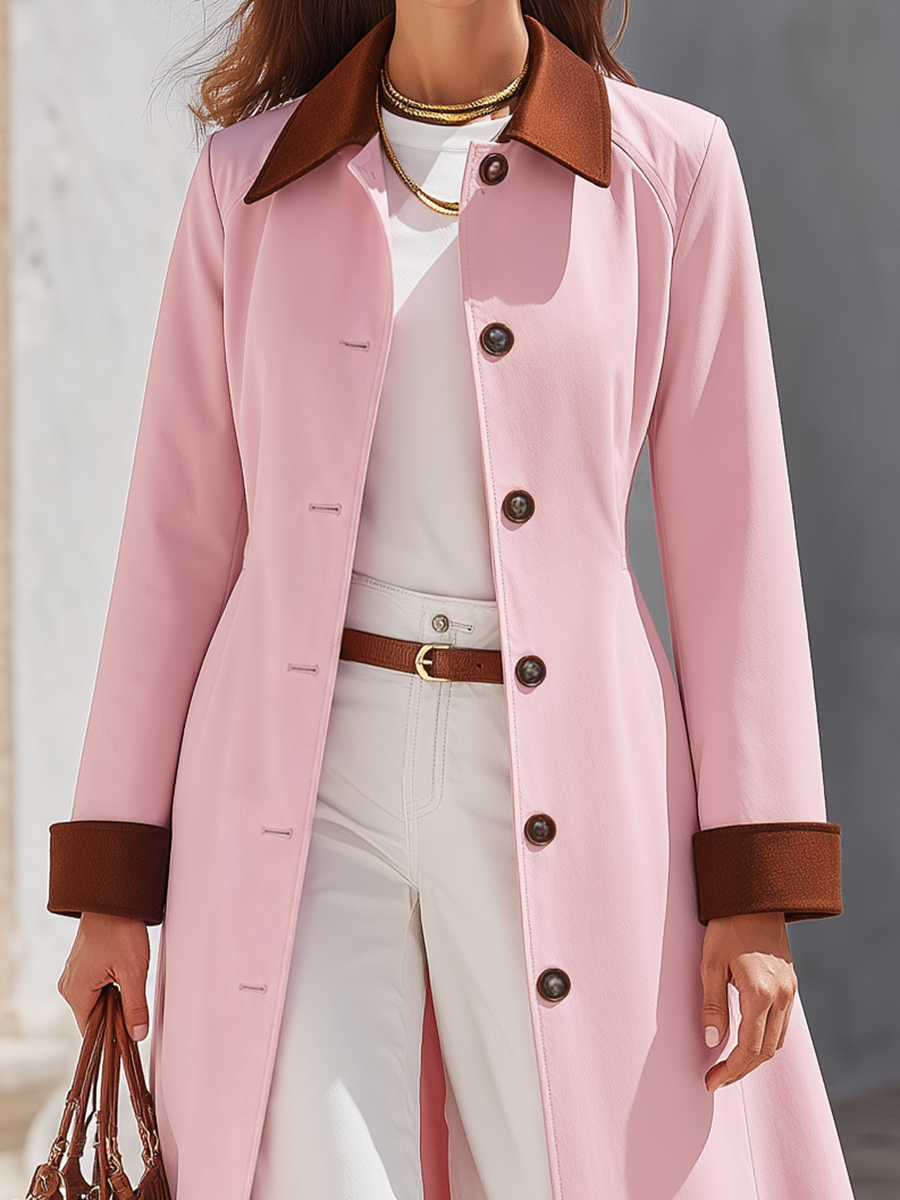 Blush Pink Contrast-Collar Single-Breasted Longline Belted Long Trench Coat