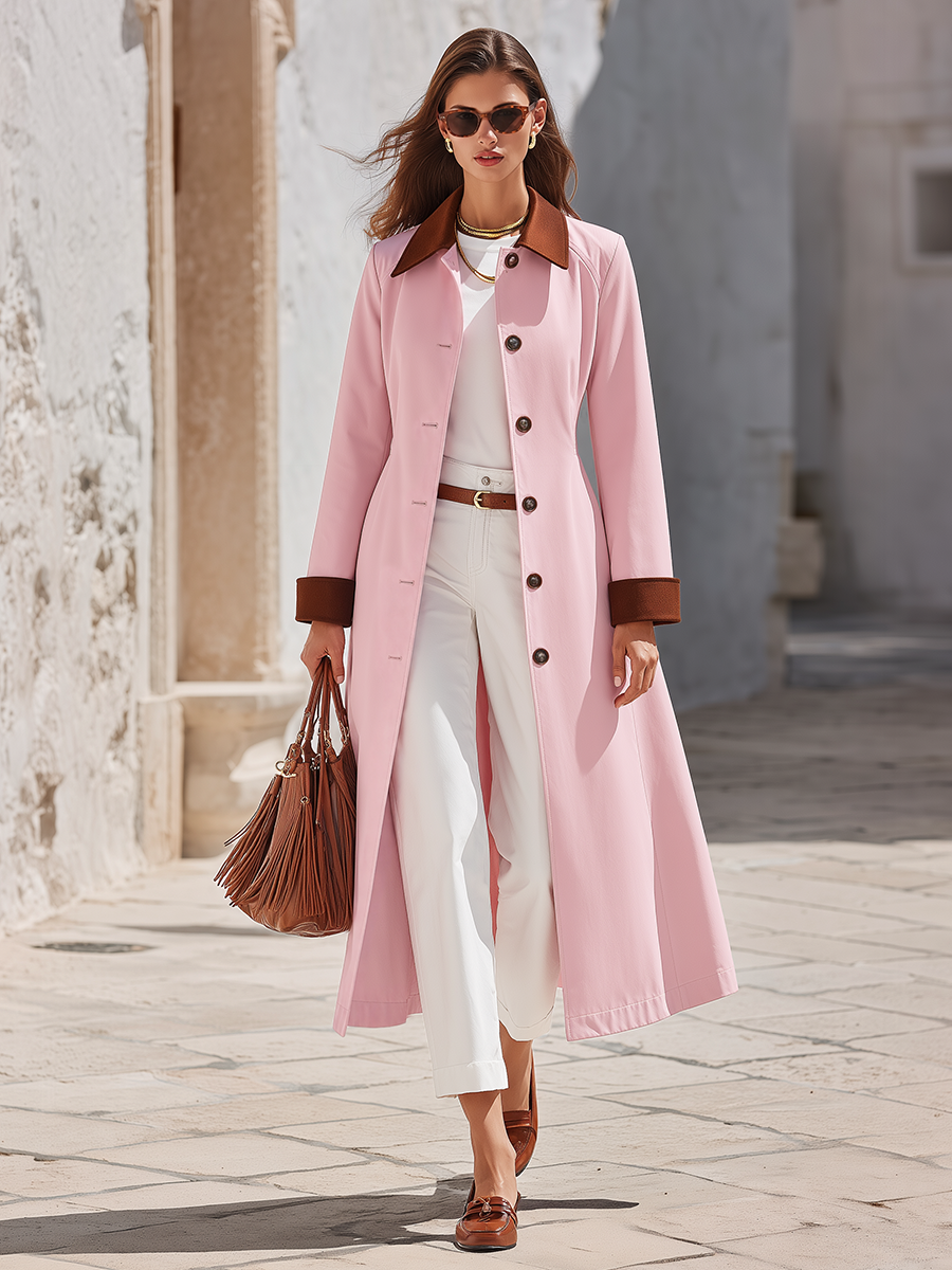 Blush Pink Contrast-Collar Single-Breasted Longline Belted Long Trench Coat