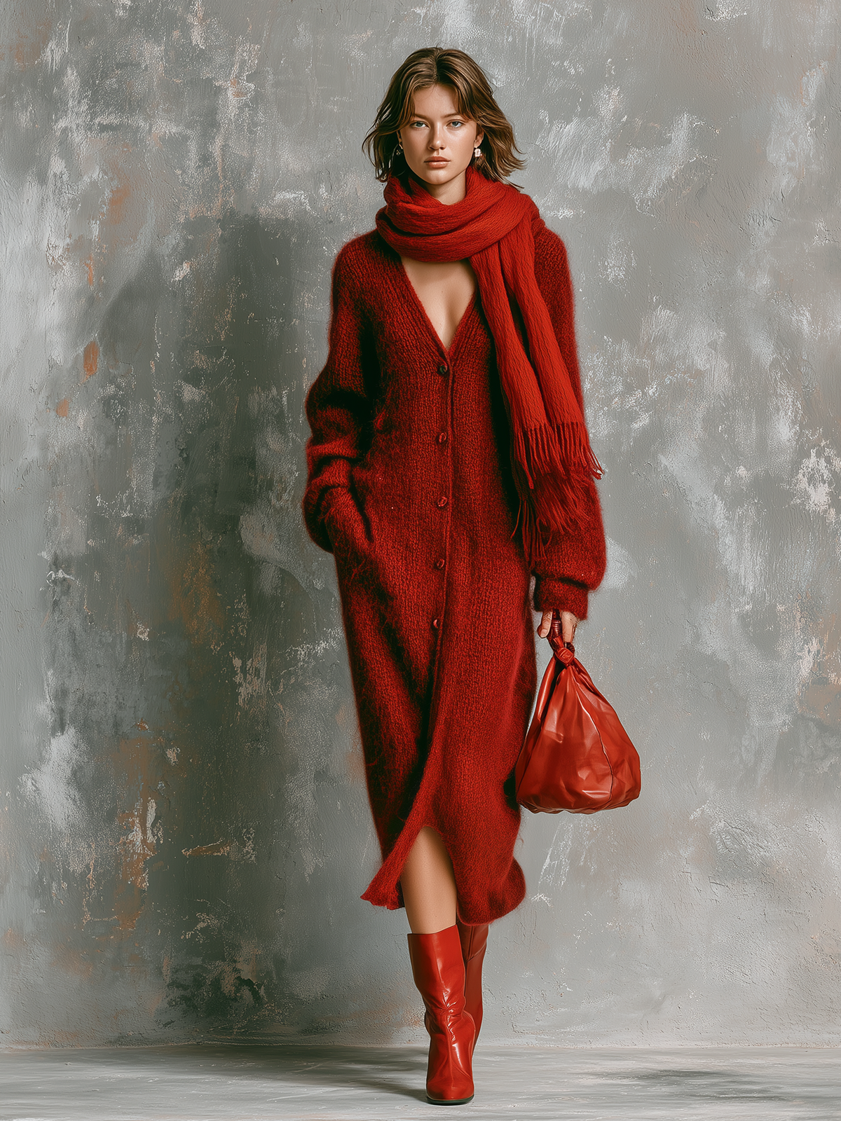 Chic Elegant Red V‑Neck Single-Breasted Long-Sleeve Loose-Fit Midi Dress Fringed Wrap Scarf Fuzzy Mohair Knit Two-Piece Set