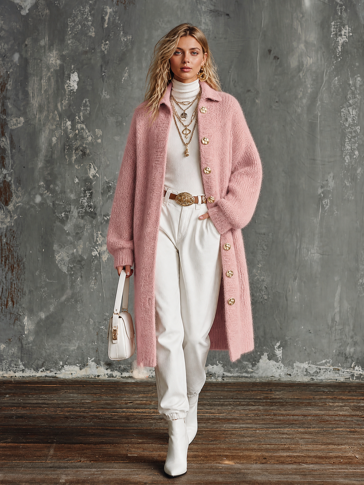 Chic Casual Dusty Pink Lapel-Collar Gold Single-Breasted Long-Sleeve Loose-Fit Soft Mohair Knit Long Cardigan