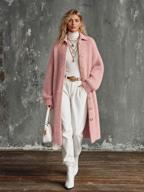 Chic Casual Dusty Pink Lapel-Collar Gold Single-Breasted Long-Sleeve Loose-Fit Soft Mohair Knit Long Cardigan