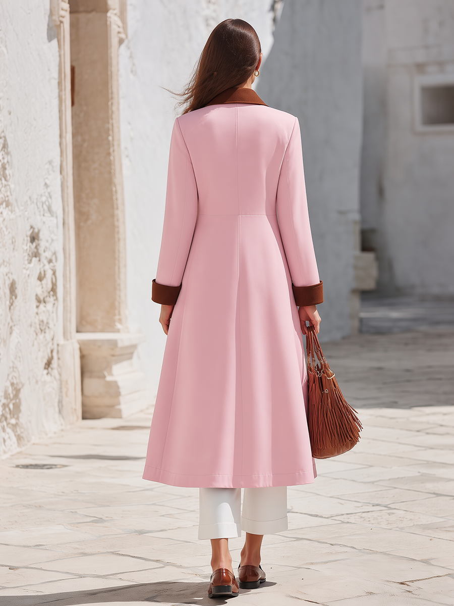 Blush Pink Contrast-Collar Single-Breasted Longline Belted Long Trench Coat