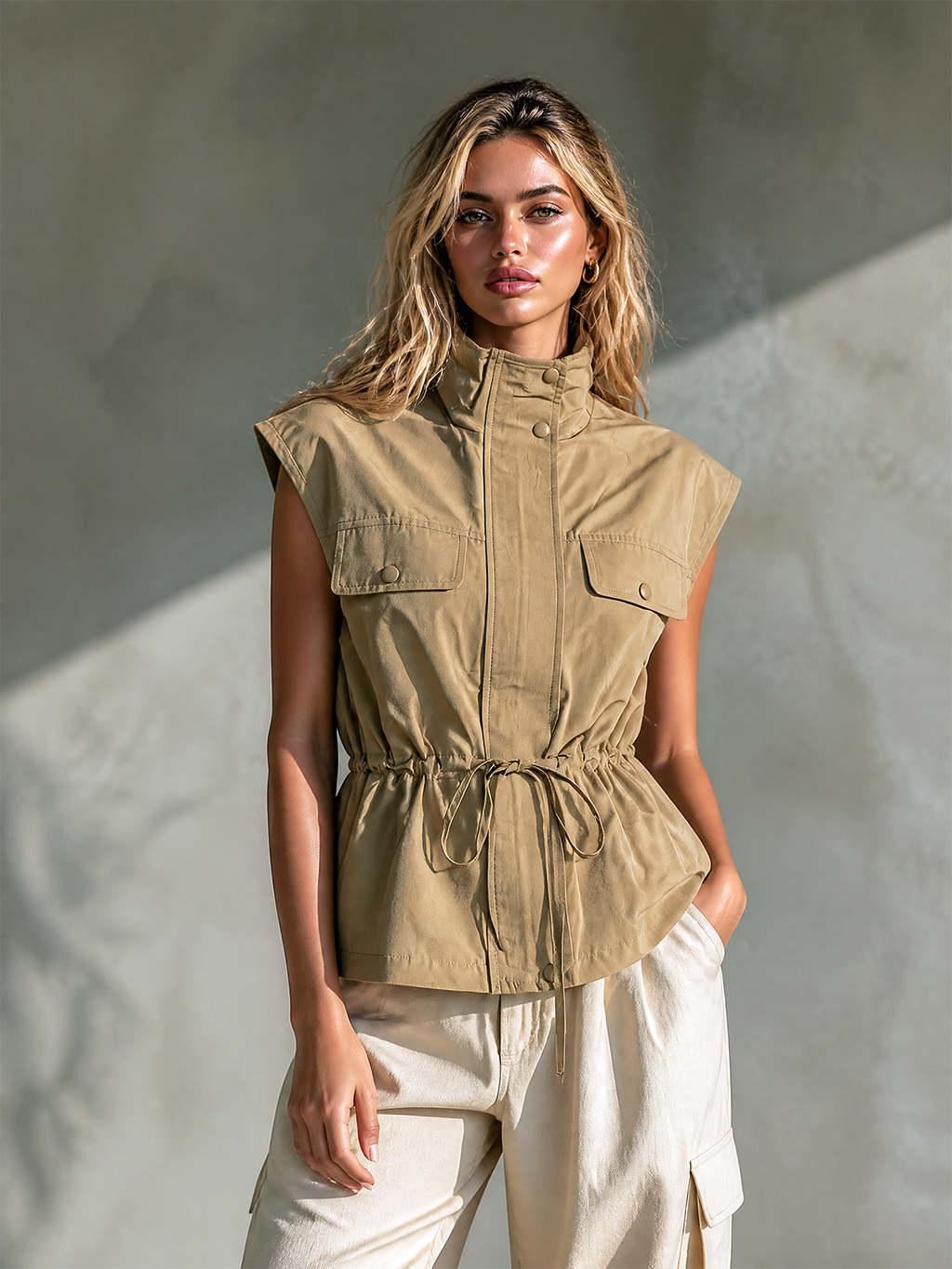 Chic Casual Khaki Stand Collar Snap Button Flap Pocket Sleeveless Drawstring Waist Loose-Fit Woven Fabric Utility Vest