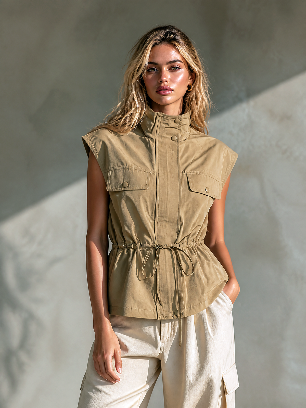 Chic Casual Khaki Stand Collar Snap Button Flap Pocket Sleeveless Drawstring Waist Loose-Fit Woven Fabric Utility Vest