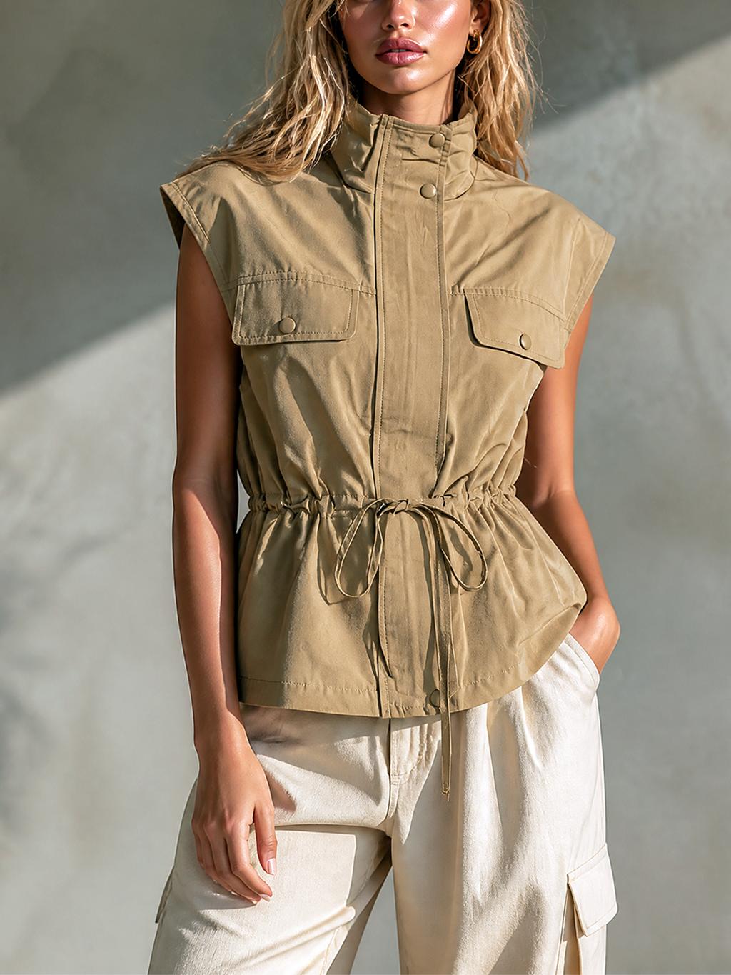 Chic Casual Khaki Stand Collar Snap Button Flap Pocket Sleeveless Drawstring Waist Loose-Fit Woven Fabric Utility Vest