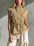 Chic Casual Khaki Stand Collar Snap Button Flap Pocket Sleeveless Drawstring Waist Loose-Fit Woven Fabric Utility Vest