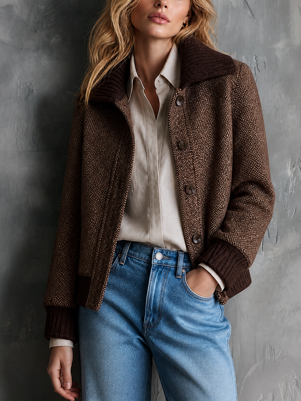 Chic Casual Brown Lapel-Collar Single-Breasted Long-Sleeve Loose-Fit Wool Blend Cropped Jacket