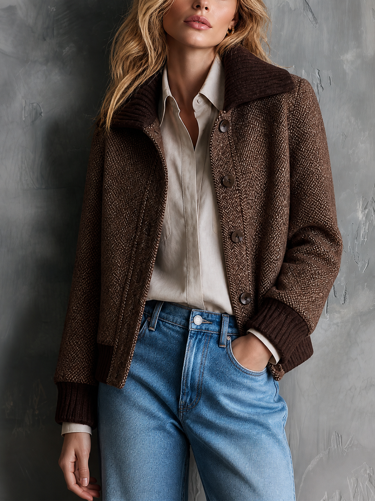 Chic Casual Brown Lapel-Collar Single-Breasted Long-Sleeve Loose-Fit Wool Blend Cropped Jacket