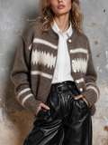 Chic Casual Taupe Brown Single-Breasted Off‑White Fair Isle Jacquard Long-Sleeve Loose-Fit Soft Mohair Knit Cardigan