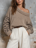 Chic Casual Oat Taupe Off‑Shoulder Leopard Jacquard Long-Sleeve Loose-Fit Wool Blend Knit Sweater