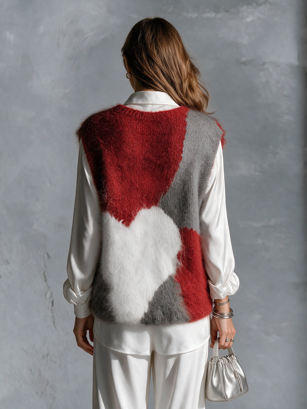 Chic Elegant Red-Gray-White Colorblock Jacquard Round-Neck Loose-Fit Soft Mohair Blend Knit Vest