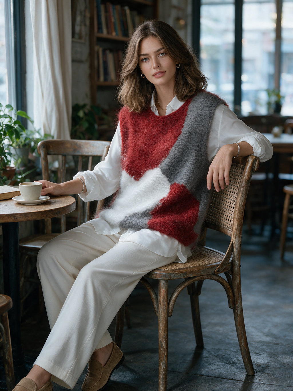 Chic Elegant Red-Gray-White Colorblock Jacquard Round-Neck Loose-Fit Soft Mohair Blend Knit Vest