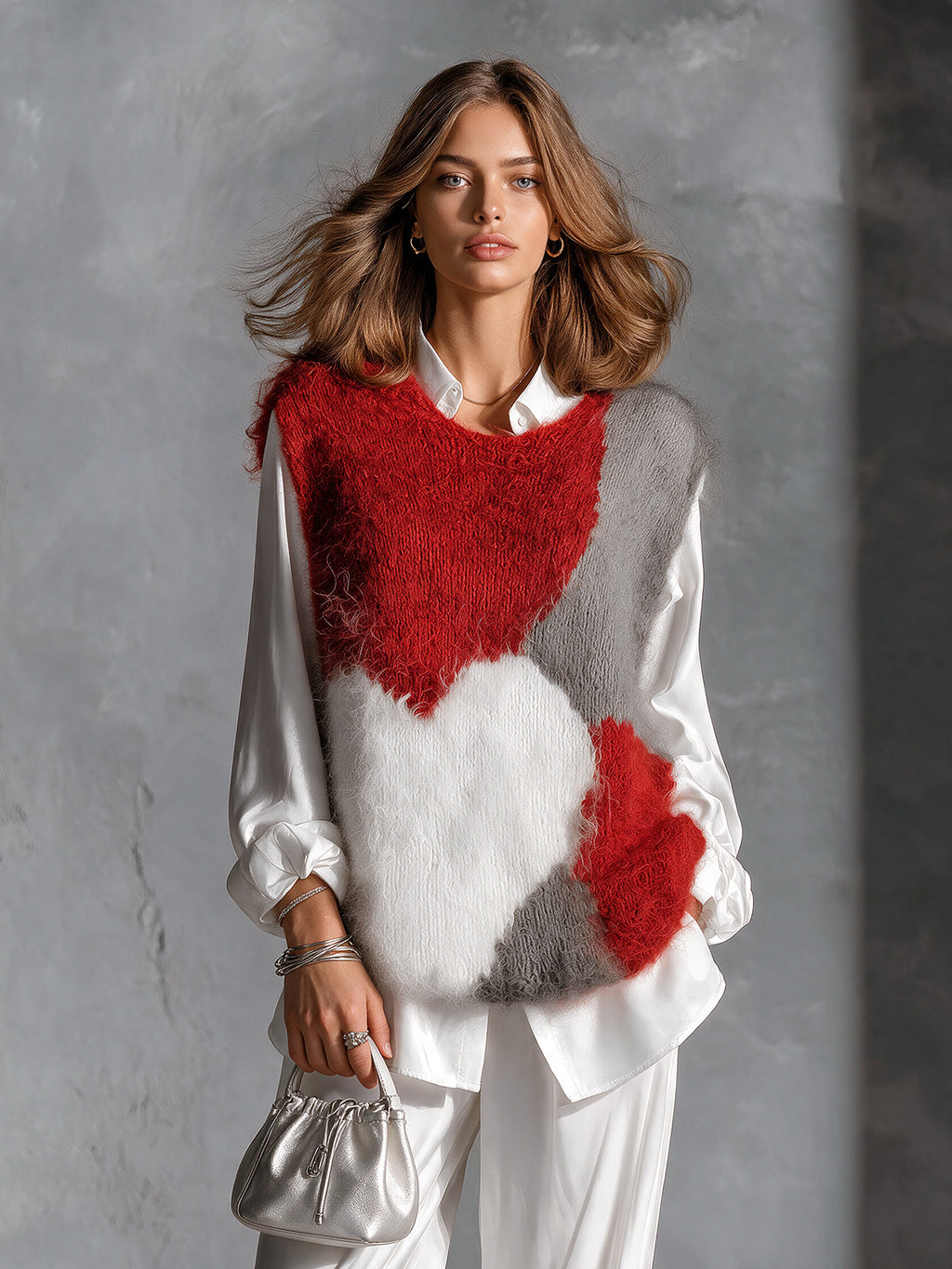 Chic Elegant Red-Gray-White Colorblock Jacquard Round-Neck Loose-Fit Soft Mohair Blend Knit Vest