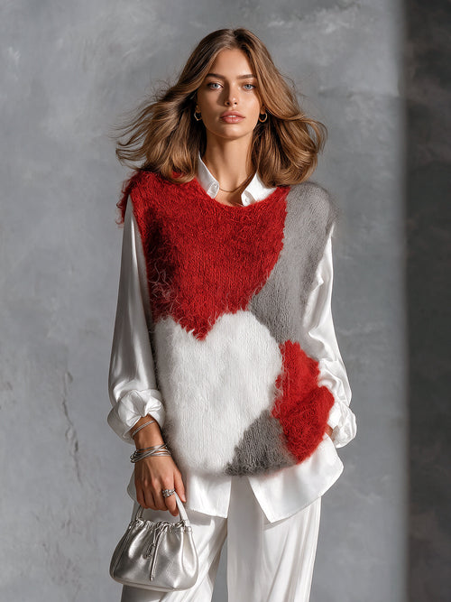 Chic Elegant Red-Gray-White Colorblock Jacquard Round-Neck Loose-Fit Soft Mohair Blend Knit Vest