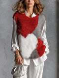 Chic Elegant Red-Gray-White Colorblock Jacquard Round-Neck Loose-Fit Soft Mohair Blend Knit Vest