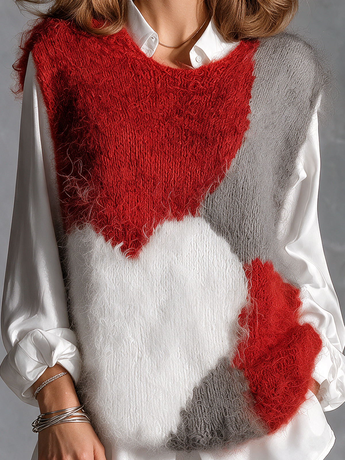 Chic Elegant Red-Gray-White Colorblock Jacquard Round-Neck Loose-Fit Soft Mohair Blend Knit Vest