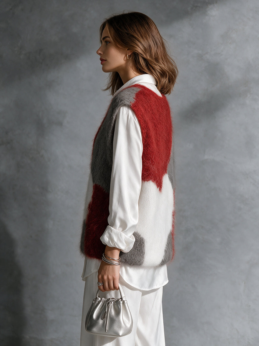 Chic Elegant Red-Gray-White Colorblock Jacquard Round-Neck Loose-Fit Soft Mohair Blend Knit Vest