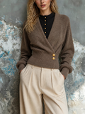 Chic Elegant Dusty Taupe Wrap V‑Neck Long-Sleeve Gold Buttons Detail Loose-Fit Wool Blend Knit Sweater