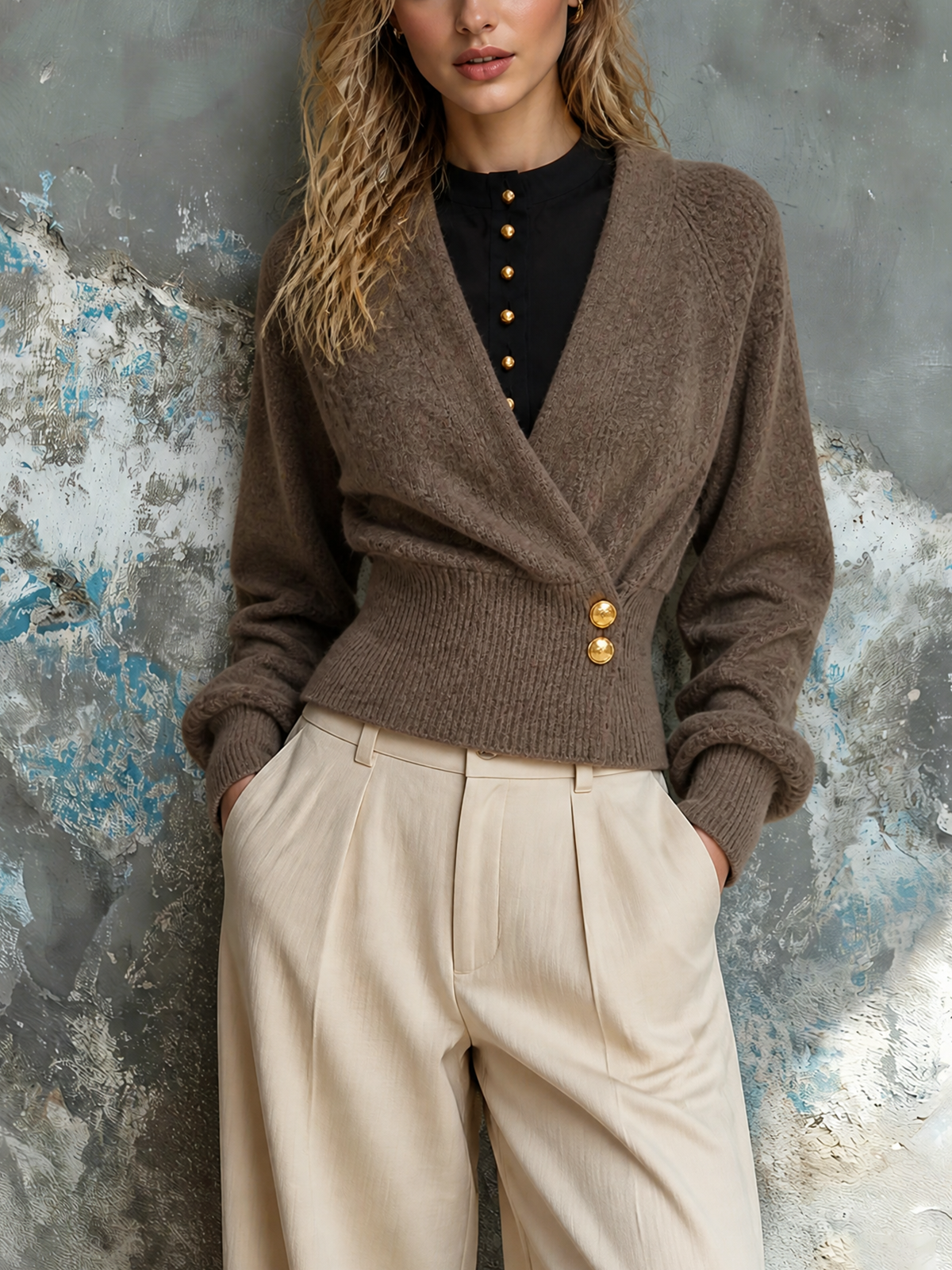 Chic Elegant Dusty Taupe Wrap V‑Neck Long-Sleeve Gold Buttons Detail Loose-Fit Wool Blend Knit Sweater