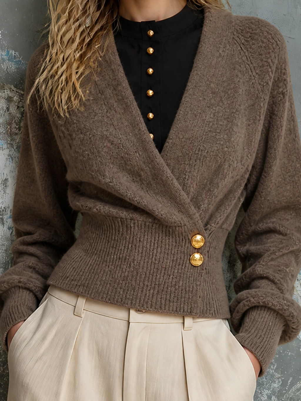 Chic Elegant Dusty Taupe Wrap V‑Neck Long-Sleeve Gold Buttons Detail Loose-Fit Wool Blend Knit Sweater