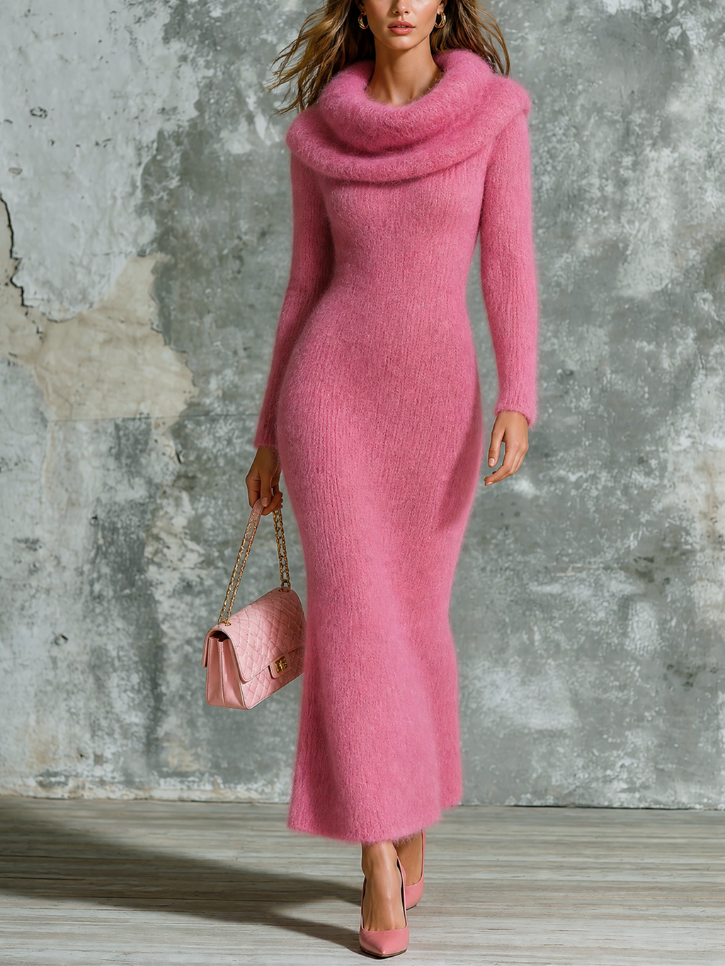 Chic Elegant Pink Cowl Fold‑Over Collar Long-Sleeve Slim-Fit Fuzzy Mohair Knit Maxi Dress
